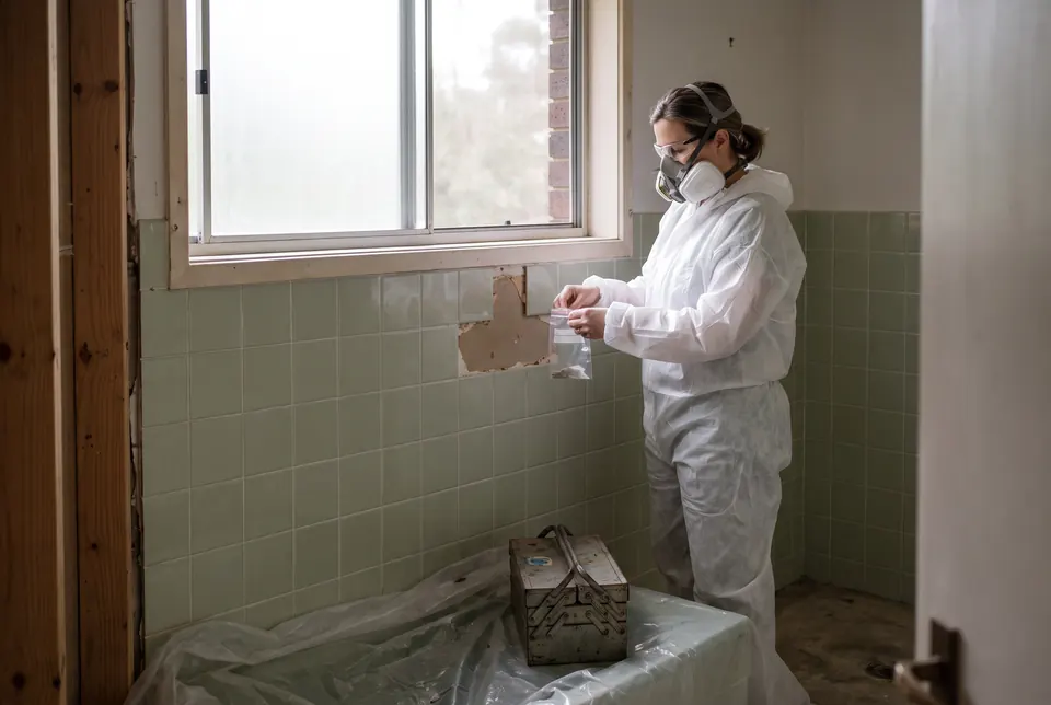 An assessor in a white coverall and respirator bagging a small sample from behind a lifted tile in an old green-tiled bathroom