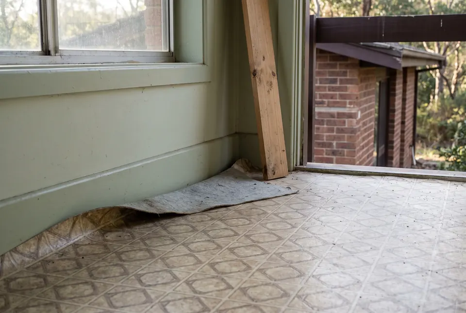 Patterned old sheet vinyl on a laundry floor, curling up at the skirting to show a grey fibrous backing underneath