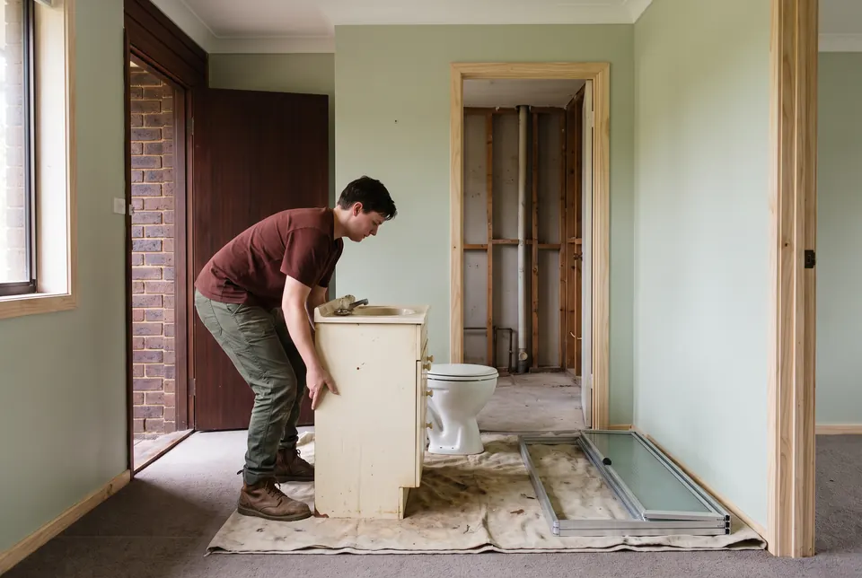 An old vanity, toilet and shower screen set on a tarp in a hallway while a crew member lifts the vanity