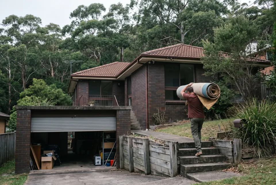A crew member carrying a rolled carpet and underlay on his shoulder up concrete steps beside a split-level brick house, its under-house garage open and bushland behind