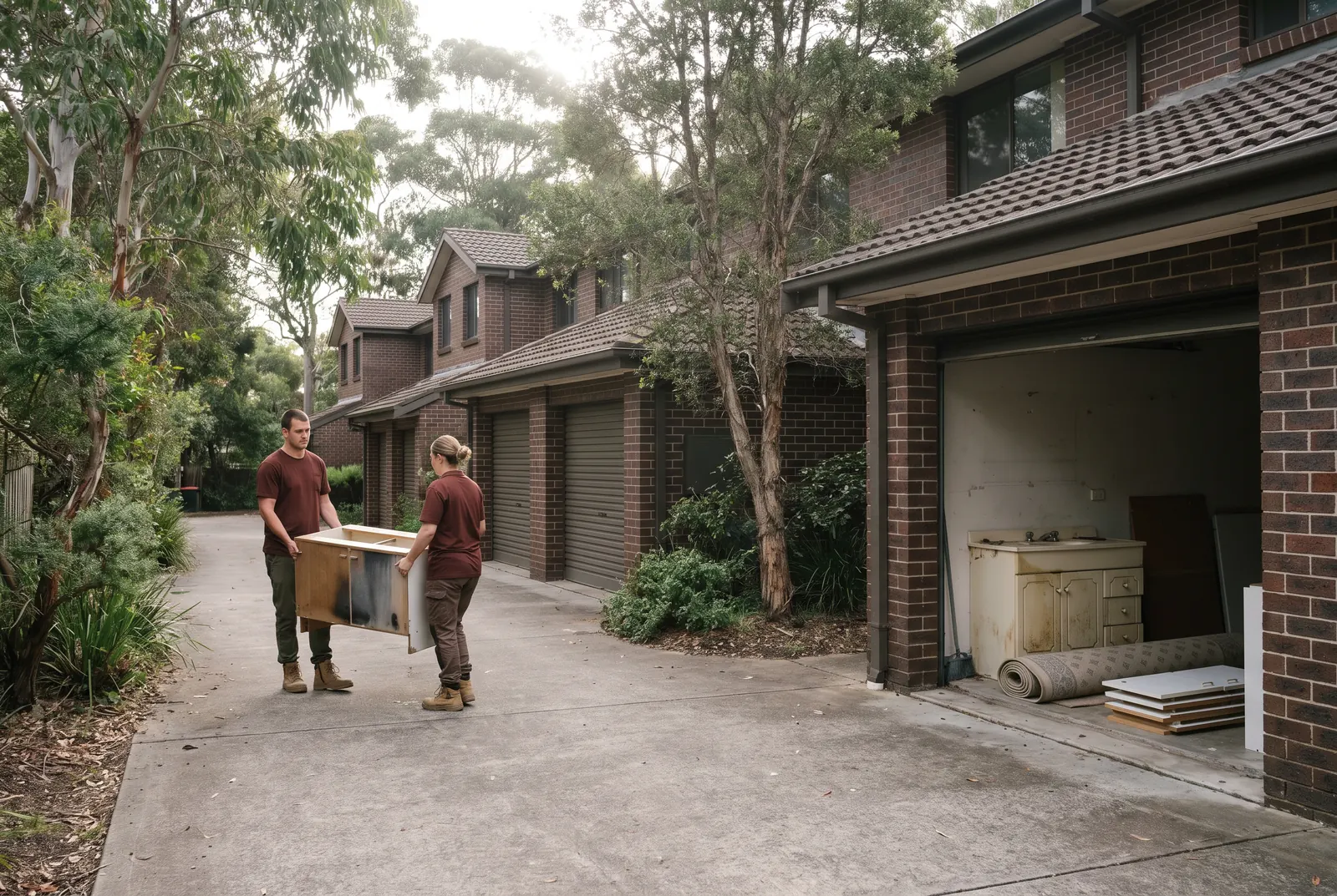 Two crew members carrying an old kitchen cabinet along the shared driveway of a brick townhouse complex, an open garage behind them holding a vanity, a rolled carpet and cabinet doors