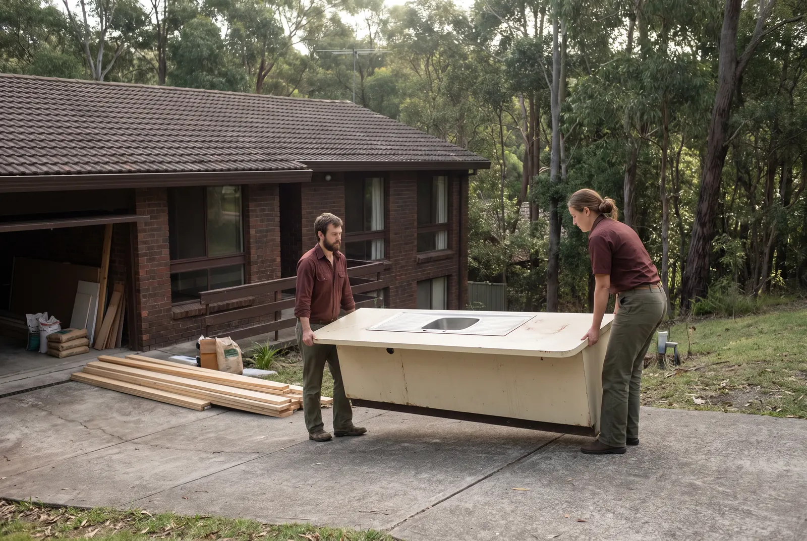 Two crew members carrying an old laminate benchtop with its sink cut-out down a sloping driveway, bushland behind the house