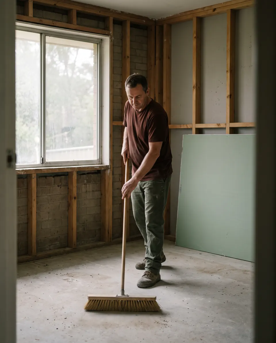A crew member sweeping the bare slab of an emptied room, new framing and a sheet of board behind him