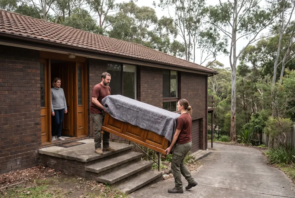 Two crew members carrying a timber sideboard wrapped in a grey blanket down the front steps of a dark brick split-level house while a woman watches from the doorway, gum trees behind