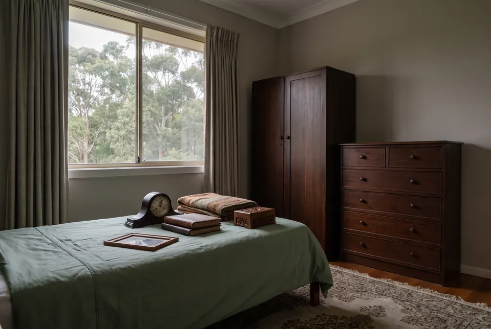 A single bed in a spare room with a few things set aside on a pale green sheet: a mantel clock, photo albums, a knitted blanket, a small carved box and a framed photograph
