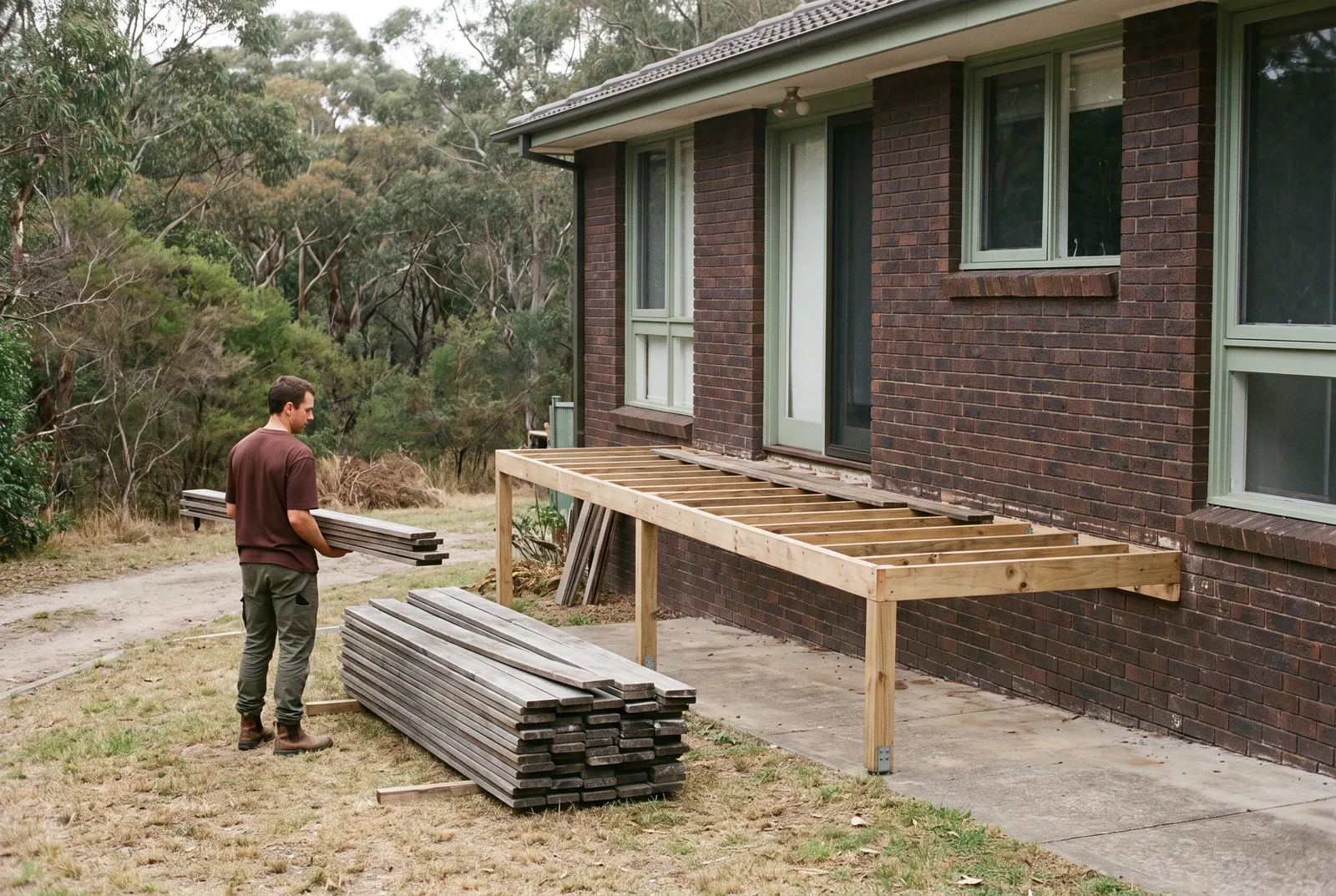 A crew member carrying old deck boards past a neat stack beside a bare deck frame, bushland behind