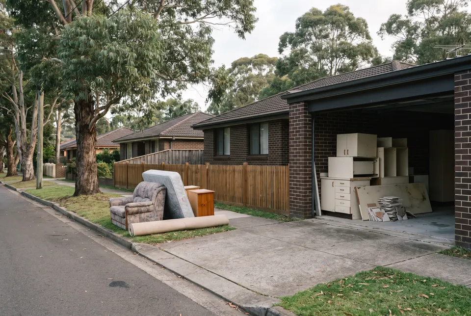 An armchair, a mattress, a bedside table and a rolled rug set out on the nature strip, while old kitchen cabinets and broken tiles wait separately in the open garage
