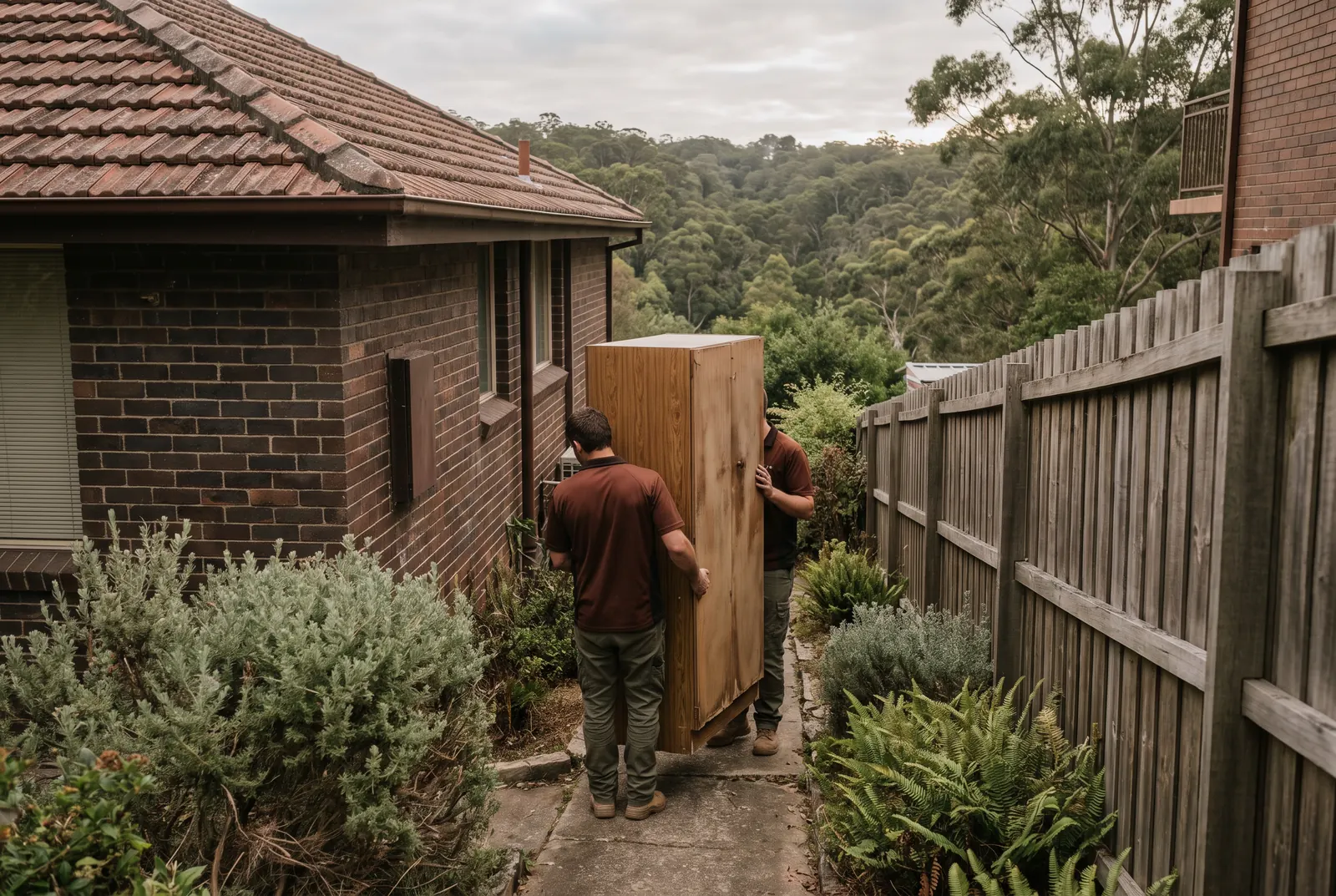 Two crew members carry an old timber pantry cupboard down the side path of a brick house, with a bushland valley beyond the back fence