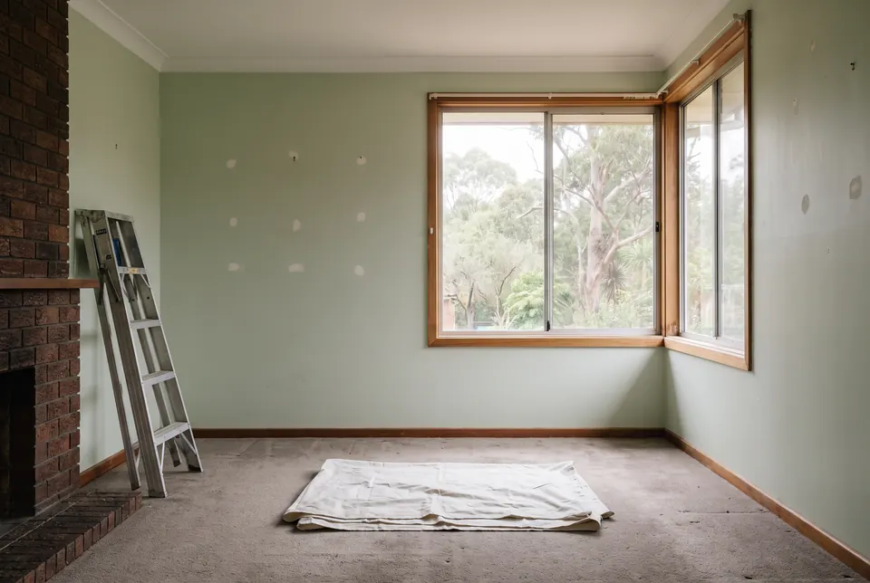 A living room emptied for the painter: bare carpet to the skirting, blinds down, filler patches on the walls, a folded drop sheet in the middle and a stepladder by the brick fireplace