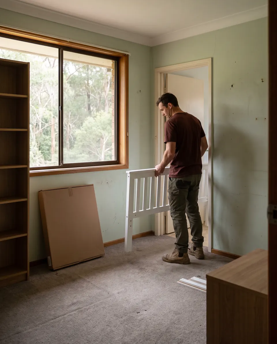 A crew member carrying a white single bed head out of a child's bedroom, an empty bookshelf by the window and a flat-pack desk box leaning on the wall