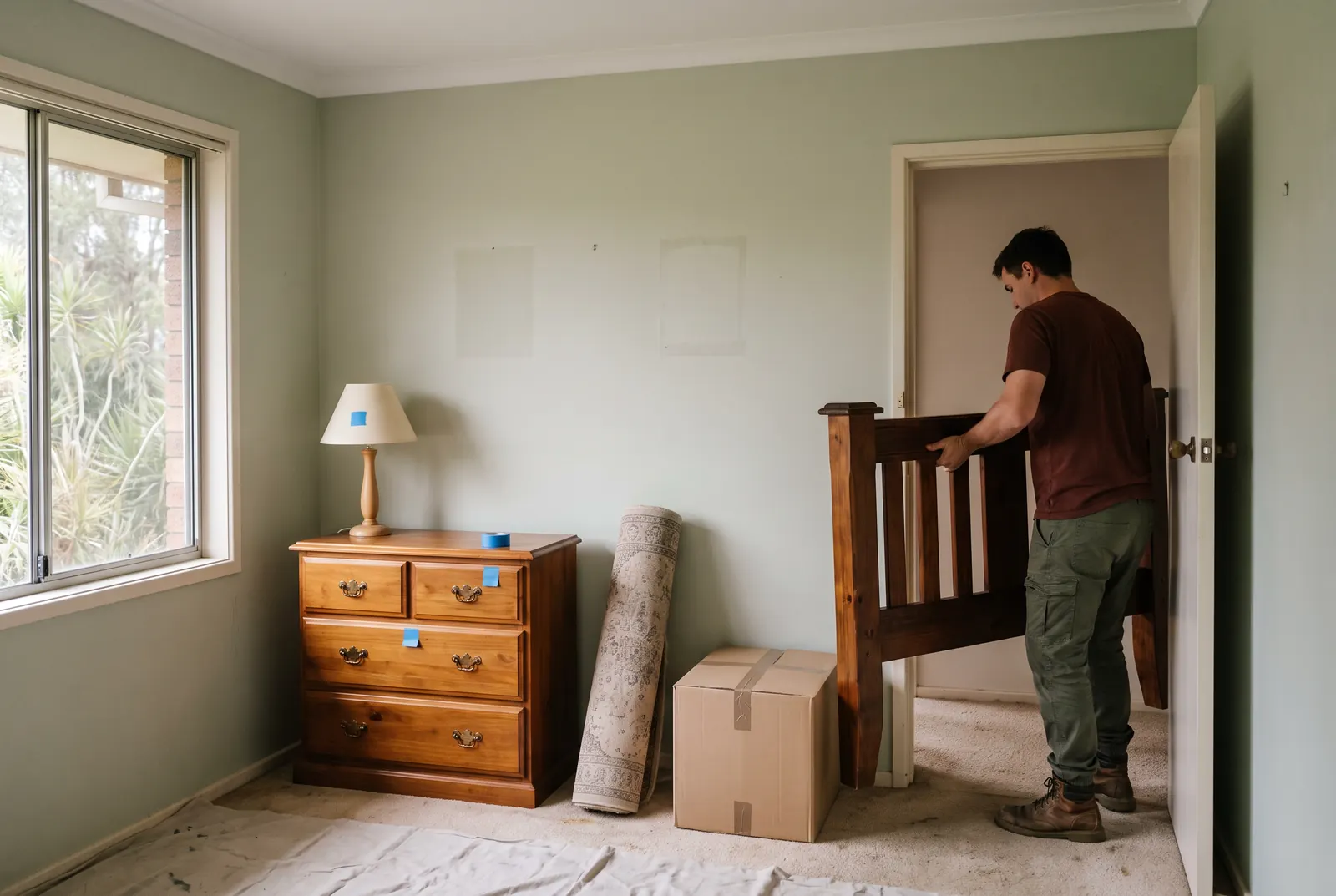 A bedroom half emptied: a timber chest of drawers and a lamp marked with small squares of blue tape stay, while a crew member carries an old pine bed head out through the door past a rolled rug and a box