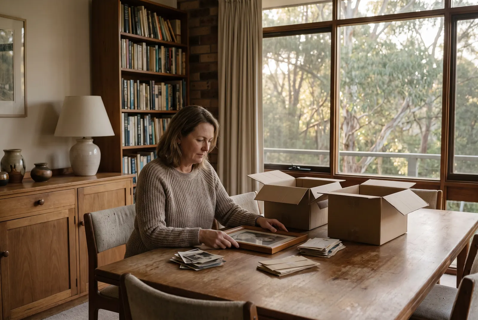 A woman sorting old photographs and letters into two cardboard boxes at a timber dining table, a bookcase behind her and gum trees outside the window