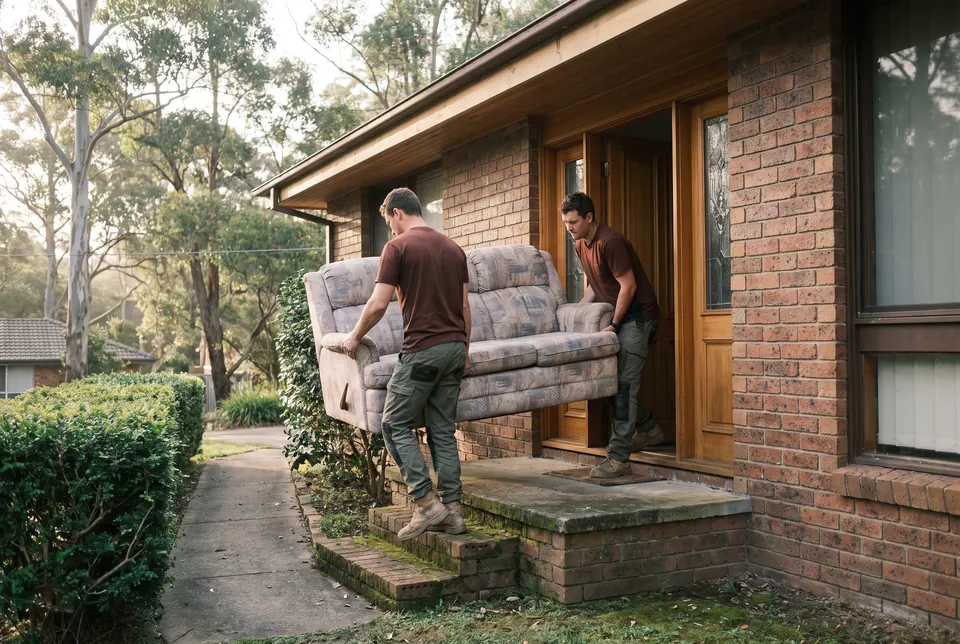 Two crew members carrying an old floral three-seat lounge out of a brick house's front door and down the low brick steps