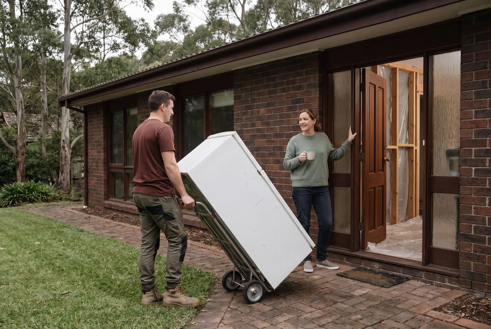 A crew member wheeling an old fridge on a hand trolley along a brick front path while the homeowner holds the door