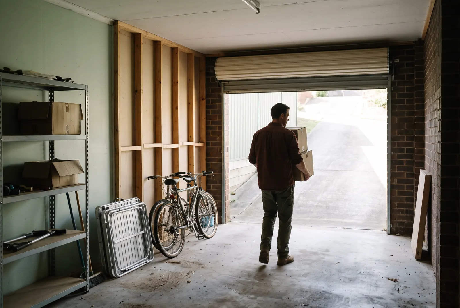 A crew member carrying two boxes out of a half-cleared under-house garage toward the open roller door and a sloping driveway