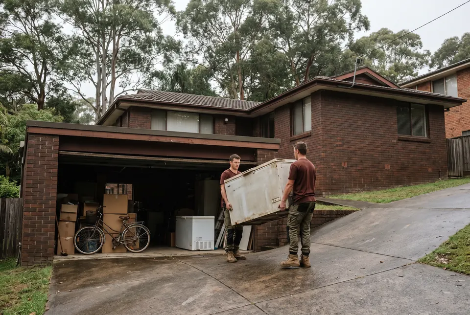 Two crew members carrying an old chest freezer out of the under-house garage of a brick split-level house, boxes and a bicycle still inside, the driveway rising steeply to the street
