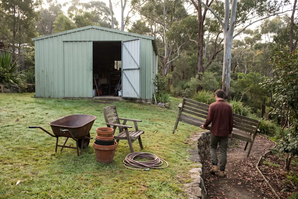 An old green metal shed with its doors open at the top of a bush-backed yard, a wheelbarrow, pots and a chair set out on the lawn while a crew member carries a timber bench down the path
