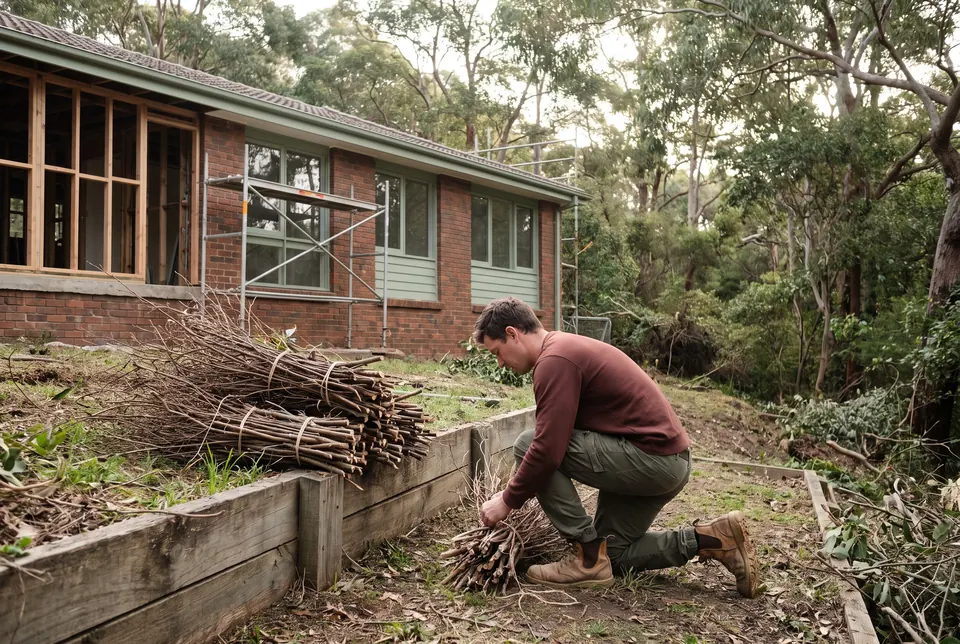 Tied bundles of cut branches stacked beside a timber retaining wall at the back of a garden that meets eucalyptus bushland, a crew member tying another bundle