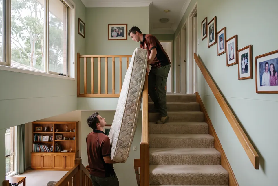 Two crew members carrying an old mattress on its edge down the carpeted stairs of a split-level house, family photos along the wall