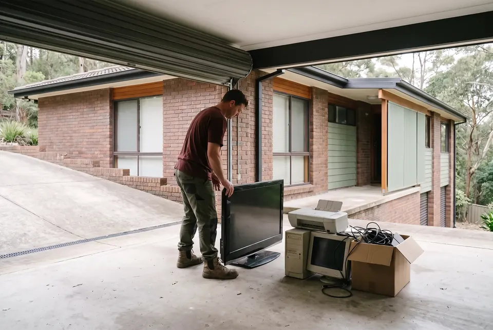 An old flat-screen TV, a computer tower, a boxy monitor and a printer set out on an under-house garage floor while a crew member lifts the TV