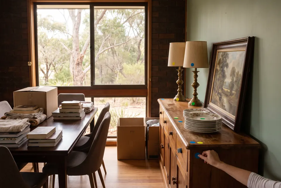 A hand pressing a blue dot sticker onto a timber sideboard, with coloured dots already on a pair of brass lamps and a stack of floral plates, and books and boxes on the dining table behind