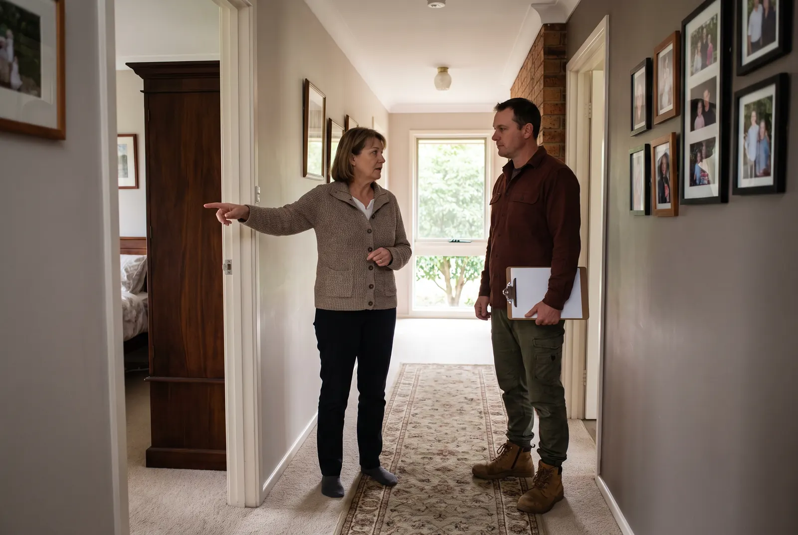A woman standing in a bedroom doorway of a furnished family home, pointing towards a timber wardrobe as a crew member with a clipboard listens