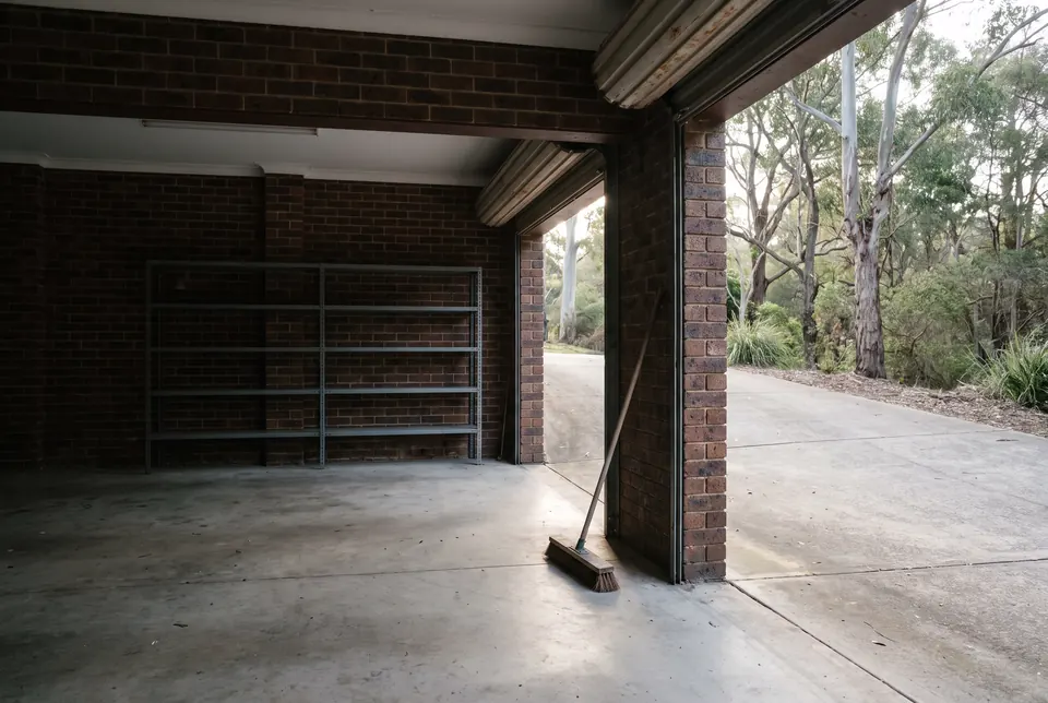 An empty under-house garage with a swept concrete floor and bare shelving, a broom leaning by the open roller door and a driveway running out to bushland