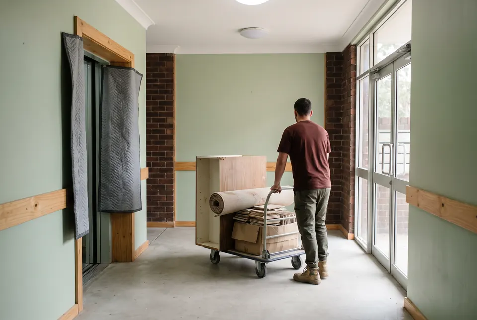A crew member wheels a trolley with a kitchen cabinet, a rolled carpet and a box of old tiles across a unit block's ground-floor lobby, with grey moving blankets hung beside the open lift doors