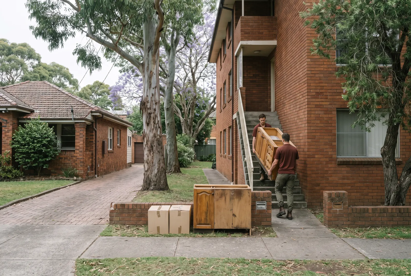Two crew members carry an old timber kitchen cabinet down the outside stair of a red-brick walk-up unit block, with a second cabinet and two boxes waiting by the front fence and an older brick house next door