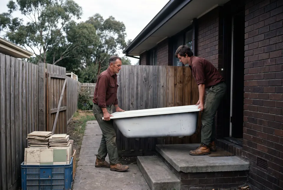 Two crew members lifting an old white bath down the back steps of a brick house, a crate of old wall tiles stacked by the side fence