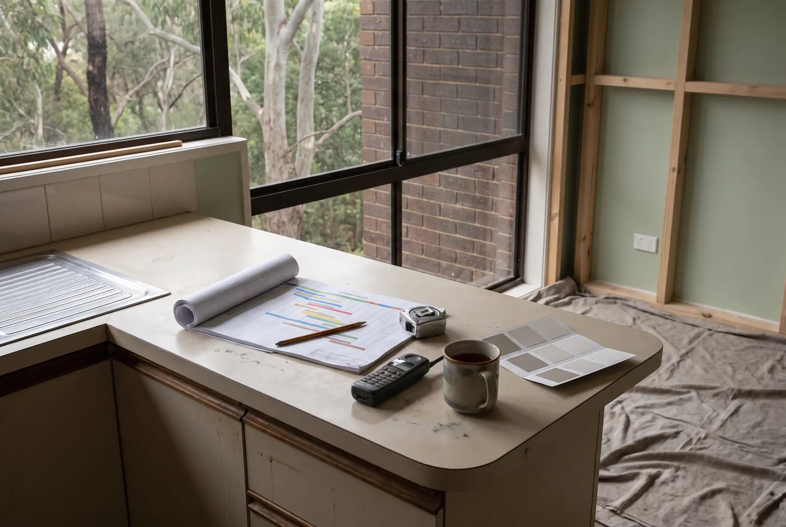 A builder's paper programme, a pencil, a tape measure and a mug of tea on an old laminate kitchen bench mid-renovation