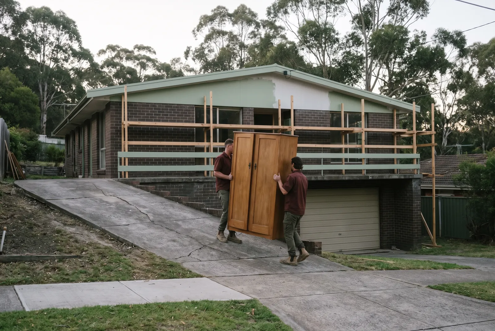 Two crew members carrying an old timber wardrobe in one piece down a steep concrete driveway, a brick house under renovation behind them and the footpath clear