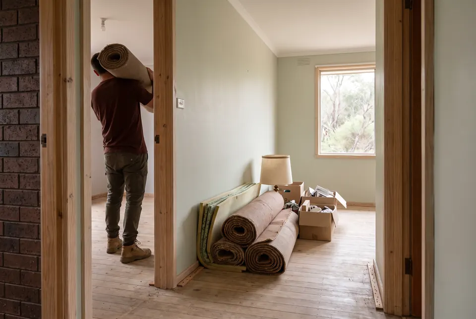 A hallway with the old carpet just pulled up: bare floorboards, three carpet rolls and folded underlay against the wall, and a crew member lifting a roll onto his shoulder