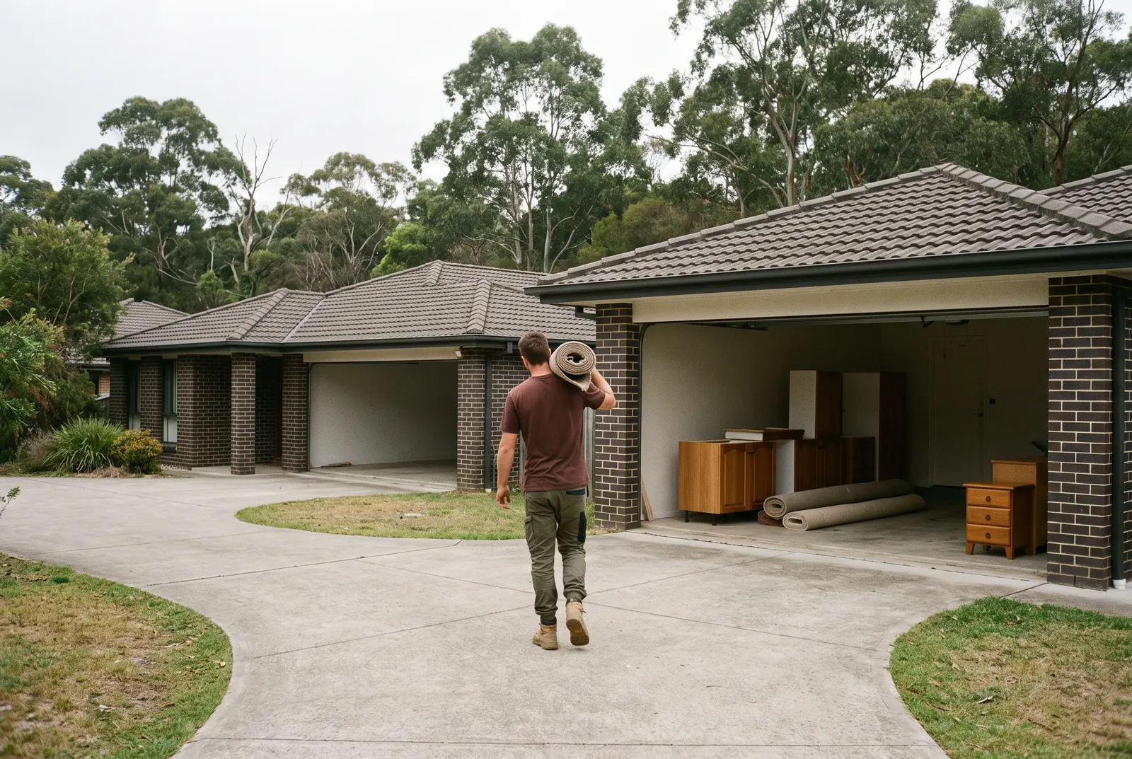A crew member carrying a rolled carpet up a curved driveway to an open garage where old cabinets and more carpet wait, tall eucalypts behind the brick houses