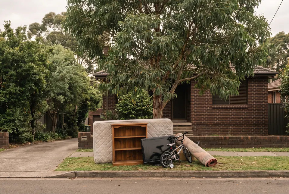 A small cleanup pile on a nature strip under a gum tree: a mattress, a timber bookcase, a TV, a child's bike and a rolled rug