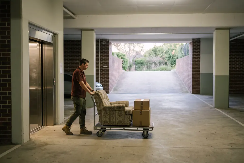 A crew member wheels an old armchair and two boxes on a trolley from a lift across a basement car park towards the ramp